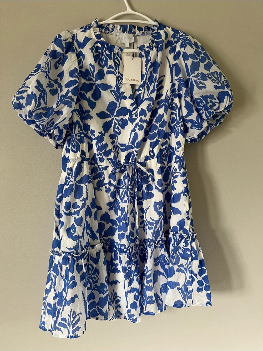 Sugarlips White Dress with Blue Floral Print and Puff Sleeves